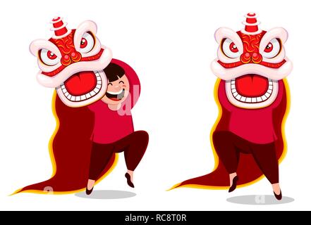 Chinese New Year postcard with man dancing in traditional costume of lion. Vector illustration isolated on white background Stock Vector