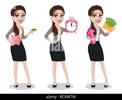 Business woman in casual clothes, set of three poses. Beautiful businesswoman cartoon character holds credit card with piggy bank, holds alarm clock a Stock Vector