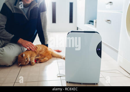 Dehumidifier with touch panel, humidity indicator, uv lamp, air ionizer, water container works at home while man playing with cat. Air dryer Stock Photo