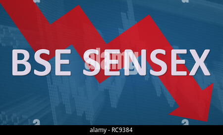 The BSE SENSEX stock market index of Bombay Stock Exchange is falling. The red zig-zag arrow behind the word BSE SENSEX on a blue background with a... Stock Photo