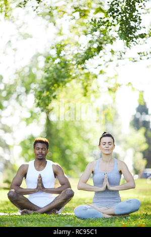 Peaceful couple meditating in summer park Stock Photo