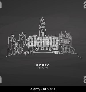 Porto, Portugal famous architecture on blackboard. Hand-drawn vector illustration. Famous travel destinations series. Stock Vector