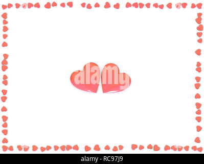 Valentine's Day Abstract 3D Background With Two Big Red Hearts and Frame From Small Hearts Stock Photo