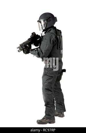 Police, Special Task Force, SEK, officer wearing full protective uniform holding a Heckler & Koch MP5 submachine gun Stock Photo