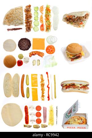 Fast food, ingredients for a doner kebab in pita bread, a hamburger with cheese and bacon, a hot dog, a pizza Stock Photo