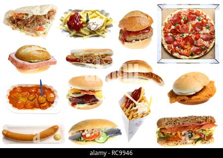 Various fast-food meals, hamburgers, sausages, french fries, pizza, doner kebab, hot dogs, schnitzel sandwiches Stock Photo