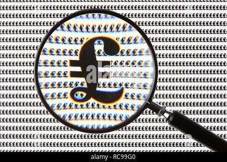Pound symbol, currency symbol of the British pound, through a magnifying glass Stock Photo