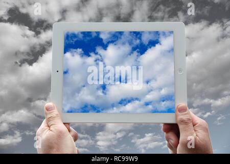 IPad, clouds, sky, symbolic image for cloud computing, cloud Stock Photo