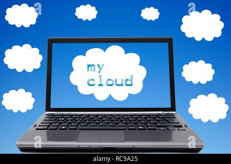 Laptop, lettering "my cloud", clouds, sky, symbolic image for cloud computing, cloud Stock Photo