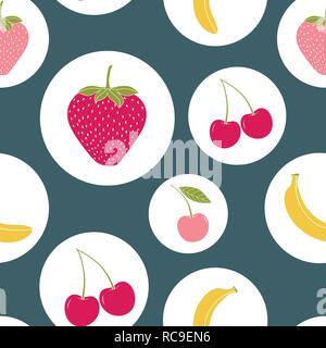 Seamless pattern of multicolor strawberries, cherries, bananas in white circles. Vector illustration Stock Vector