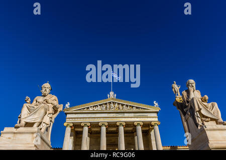 Statues of the Greek philosophers Socrates & Plato in front of the Academy of Athens, Greece Stock Photo