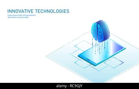 Isometric artificial intelligence business concept. Blue glowing isometric online education web learning pc smartphone human brain future technology. 3D infographic vector illustration Stock Vector