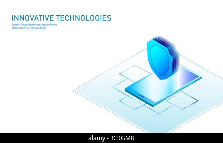Isometric internet security shield business concept. Blue glowing isometric personal information data connection pc smartphone future technology. 3D infographic vector illustration Stock Vector