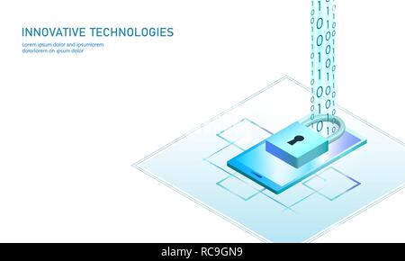Isometric internet security lock business concept. Blue glowing isometric personal information data connection pc smartphone future technology. 3D infographic vector illustration Stock Vector