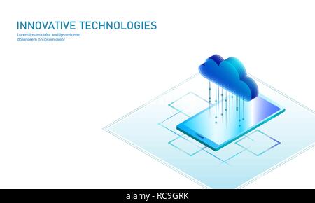Cloud computing online storage isometric smartphone. Big data information future modern internet business technology. Blue glowing global file exchange available background vector illustration Stock Vector