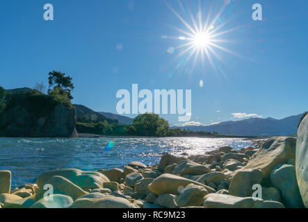 Clean cool fresh water of Waiau River and stony river bed at Hanmer Springs, New Zealand. Stock Photo