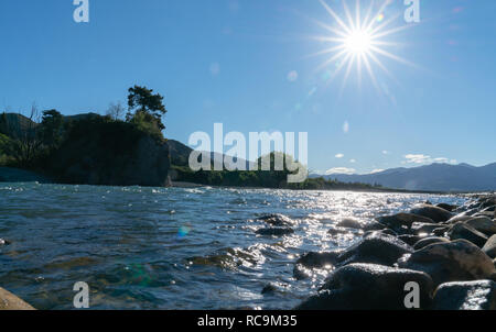 Clean cool fresh water of Waiau River and stony river bed at Hanmer Springs, New Zealand. Stock Photo