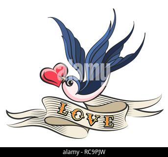 Heart in a beak of Swallow with wording LOVE on ribbon. Old school style tattoo. Vector Illustration. Stock Vector