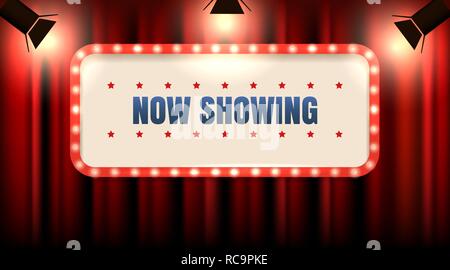 Theater or cinema frame with light bulbs on red curtain with spot lights and Wording Now Showing. Vector illustration. Stock Vector