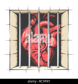 Heart in jail drawn in tattoo style. Vector illustration Stock Vector