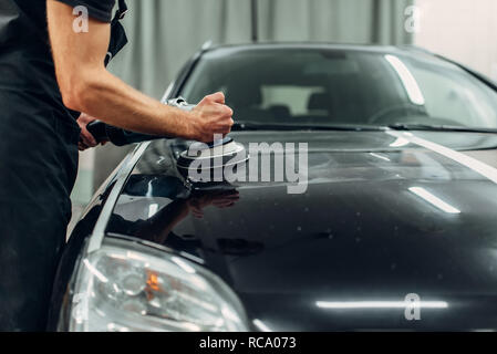 Man Polishing Car Headlight with Polish Machine. Restore Vehicle Lights  Stock Photo - Image of scratch, remove: 250474108