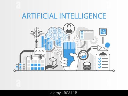 Artificial Intelligence (AI) concept with hand holding modern bezel free smartphone Stock Vector