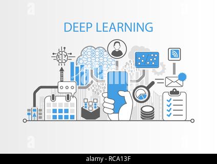 Deep learning concept with hand holding modern bezel free smartphone Stock Vector