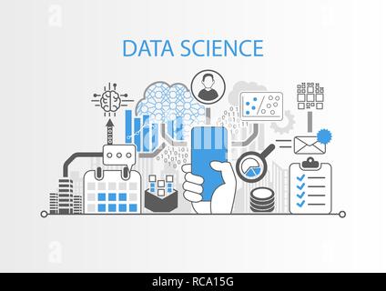 Data science concept with hand holding modern bezel free smartphone Stock Vector