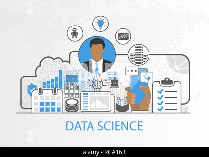 Data science vector illustration with business man and icons Stock Vector