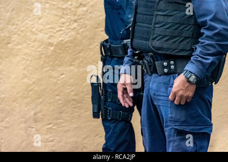 Male police and guards, in uniform, wearing bulletproof vest, Guanajuato, Mexico Stock Photo
