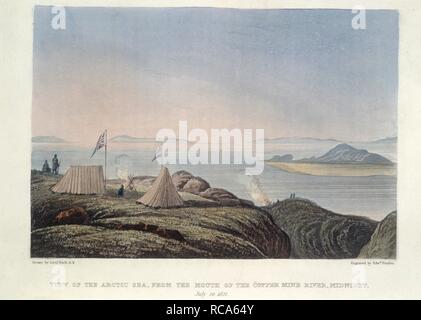 View of the Arctic sea, from the mouth of the Copper mine River, midnight , July 20, 1821. Narrative of a Journey to the Shores of the Polar View of the Arctic sea, Sea, in the years 1819, 20, 21 and 22 With an appendix on various subjects relating to science and natural history. J. Murray: London, 1823. Source: 569.f.16, 361. Author: FINDEN, EDWARD. FRANKLIN, SIR JOHN. Back, Lieut. Stock Photo