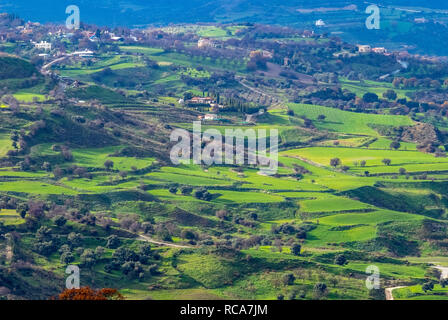 A view of green farmland after winter rain near Fyti village, Cyprus. Stock Photo