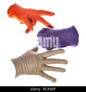 woolen gloves show elements of rock-paper-scissors game isolated on white background Stock Photo
