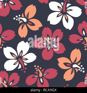Large Bold Colorful Tropical Exotic Hibiscus Floral Vector Seamless Pattern. Oversize Bright Lush Tropical Blooms on Dark Background Stock Vector