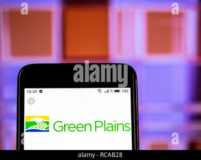 Green Plains Inc. Company logo seen displayed on smart phone. Stock Photo