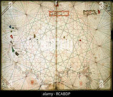 Chart of the Eastern Atlantic. Portolano. Italy; 1463. [Whole chart] Chart of the west coasts of Spain, Portugal, and Africa to the Canary Islands, including Madeira and the Azores  Image taken from Portolano.  Originally published/produced in Italy; 1463. . Source: Add. 18454, ff.1v-2. Language: Italian. Stock Photo