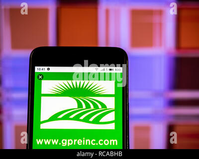 Green Plains Inc. Company logo seen displayed on smart phone. Stock Photo