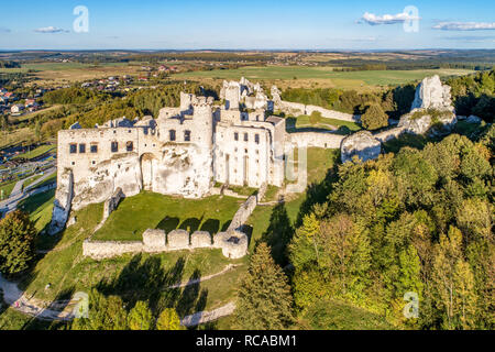 The ruins of medieval castle on the rock in Ogrodzieniec, Poland. One of strongholds  called Eagles Nests in Polish Jurassic Highland in Silesia. Stock Photo