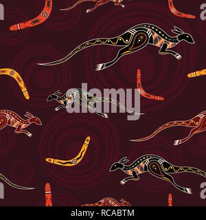 Seamless pattern of kangaroos and boomerangs with abstract circles on background. Australian aboriginal ornament. Aboriginal painting style. Vector ba Stock Vector