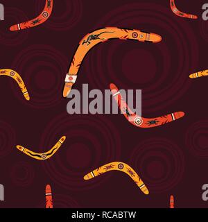 Seamless pattern with boomerangs and abstract circles on background. Australian aboriginal ornament. Aboriginal painting style. Vector background. Stock Vector