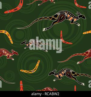 Seamless pattern of kangaroos and boomerangs with abstract circles on background. Australian aboriginal ornament. Aboriginal painting style. Vector ba Stock Vector