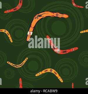 Seamless pattern with boomerangs and abstract circles on background. Australian aboriginal ornament. Aboriginal painting style. Vector background. Stock Vector