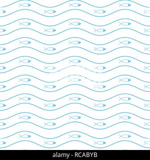 Abstract geometric simple minimalistic vector marine pattern with fishes and waves. Stock Vector