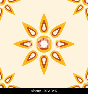 Abstract seamless pattern. Vector background with shiny bright yellow sun theme. Repeating geometric ornament. Stylized suns or flowers. Stock Vector