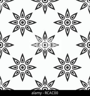 Abstract seamless pattern. Repeating geometric ornament. Symmetric shapes of stylized sun or flower. Vector monochrome background. Stock Vector