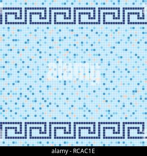 Blue and beige ceramic tile mosaic in swimming pool. Antique Greek border. Vector seamless pattern. Design for pool, kitchen, bathroom. Stock Vector