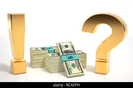 Exclamation Mark and Question Mark with 100 dollar banknotes - 3d Rendering Stock Photo