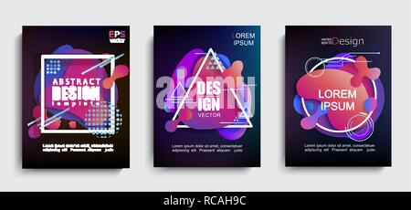 Set of liquid gradient color abstract shapes on black background.Modern banner with fluid design.Circle,triangle,square frames with wavy bright splashes.Geometric template for web,print,covers,design. Stock Vector