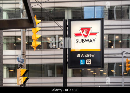 A sign for the St Andrew TTC Subway (Toronto Transit Commission) station. City of Toronto, Ontario, Canada. Stock Photo