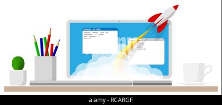 Successful launch of a program, project or business. Modern technology online. A cloud of smoke and rocket launch Stock Vector